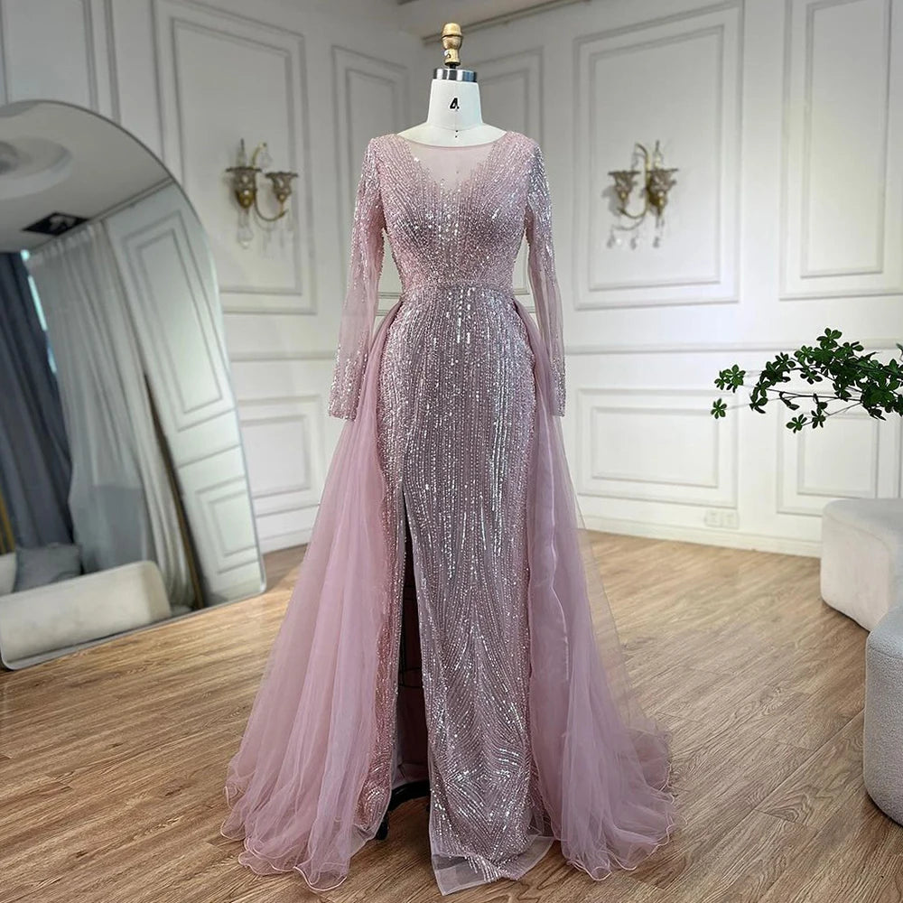 Serene Hill Arabic Pink With Overskirt Mermaid Beaded Evening Dresses Luxury Gowns 2024 for Women's Wedding Party 2024 LA72584 Serene Hill Arabic Pink With Overskirt Mermaid Beaded Evening Dresses Luxury Gowns 2024 for Women's Wedding Party 2024 LA72584