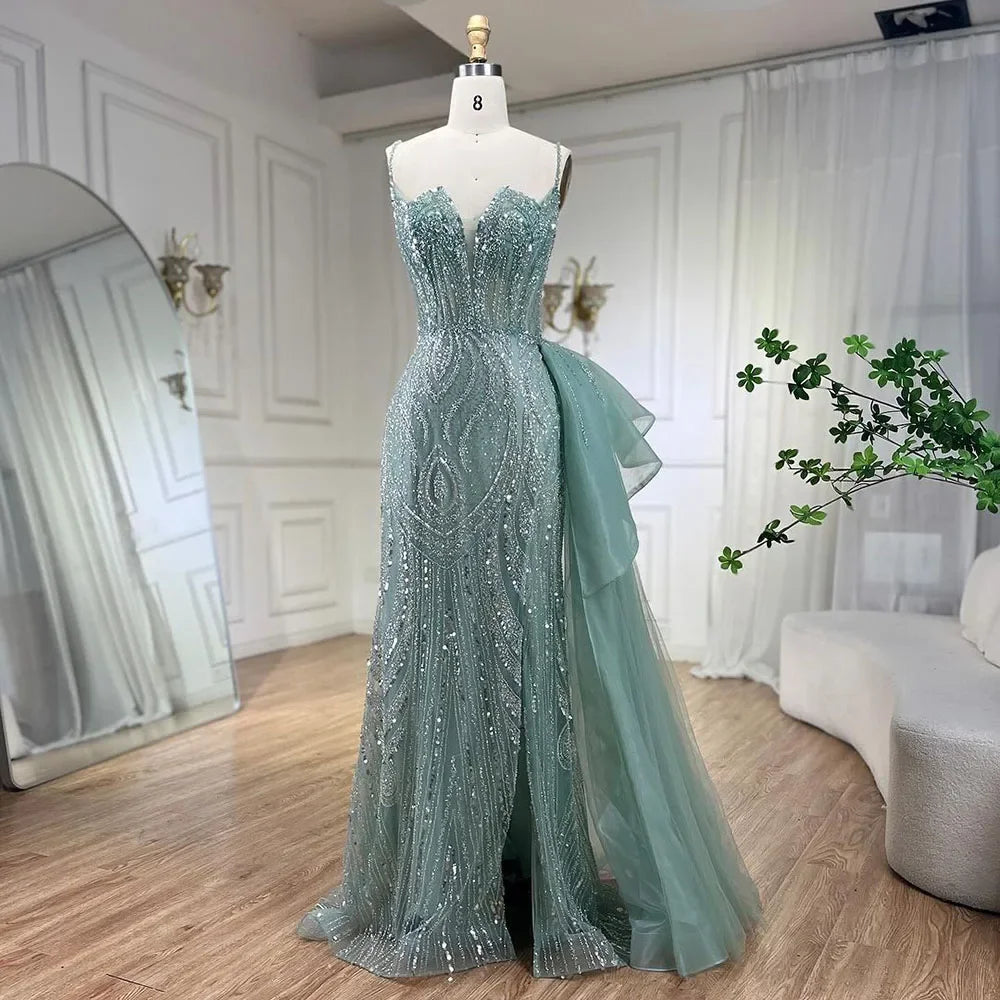 Serene Hill Sky Blue Spaghetti Strap Luxury Evening Dresses Gowns 2024 Mermaid Beaded Elegant Overskirt For Women Party LA72378 Serene Hill Sky Blue Spaghetti Strap Luxury Evening Dresses Gowns 2024 Mermaid Beaded Elegant Overskirt For Women Party LA72378