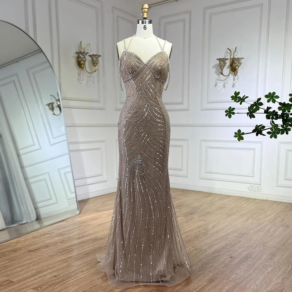 Serene Hill Dubai Caramel Luxury Beaded Spaghetti Strap Mermaid Evening Dresses Gowns for Women Wedding Party 2024 LA72501