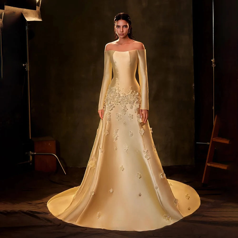 Serene Hill 2025 Customized Arabia Yellow A-Line Satin Strapless Appliques Evening Dresses Gowns for Formal Occasion LA72833 Serene Hill 2025 Customized Arabia Yellow A-Line Satin Strapless Appliques Evening Dresses Gowns for Formal Occasion LA72833