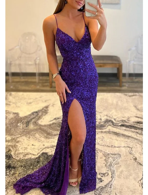 Mermaid / Trumpet Prom Dresses Sparkle & Shine Dress Formal Wedding Guest Sweep / Brush Train Sleeveless V Neck Sequined Backless with Sequin Slit Mermaid / Trumpet Prom Dresses Sparkle & Shine Dress Formal Wedding Guest Sweep / Brush Train Sleeveless V Neck Sequined Backless with Sequin Slit