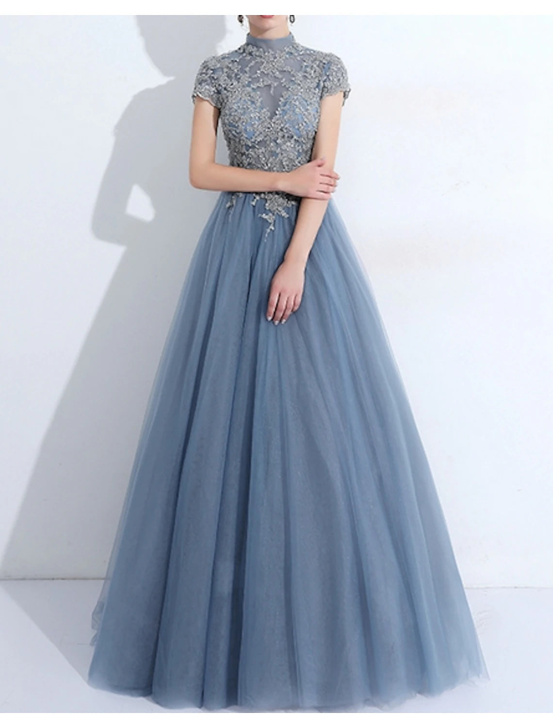 A-Line Evening Gown Elegant Dress Wedding Guest Quinceanera Floor Length Short Sleeve High Neck Tulle with Pleats Appliques A-Line Evening Gown Elegant Dress Wedding Guest Quinceanera Floor Length Short Sleeve High Neck Tulle with Pleats Appliques