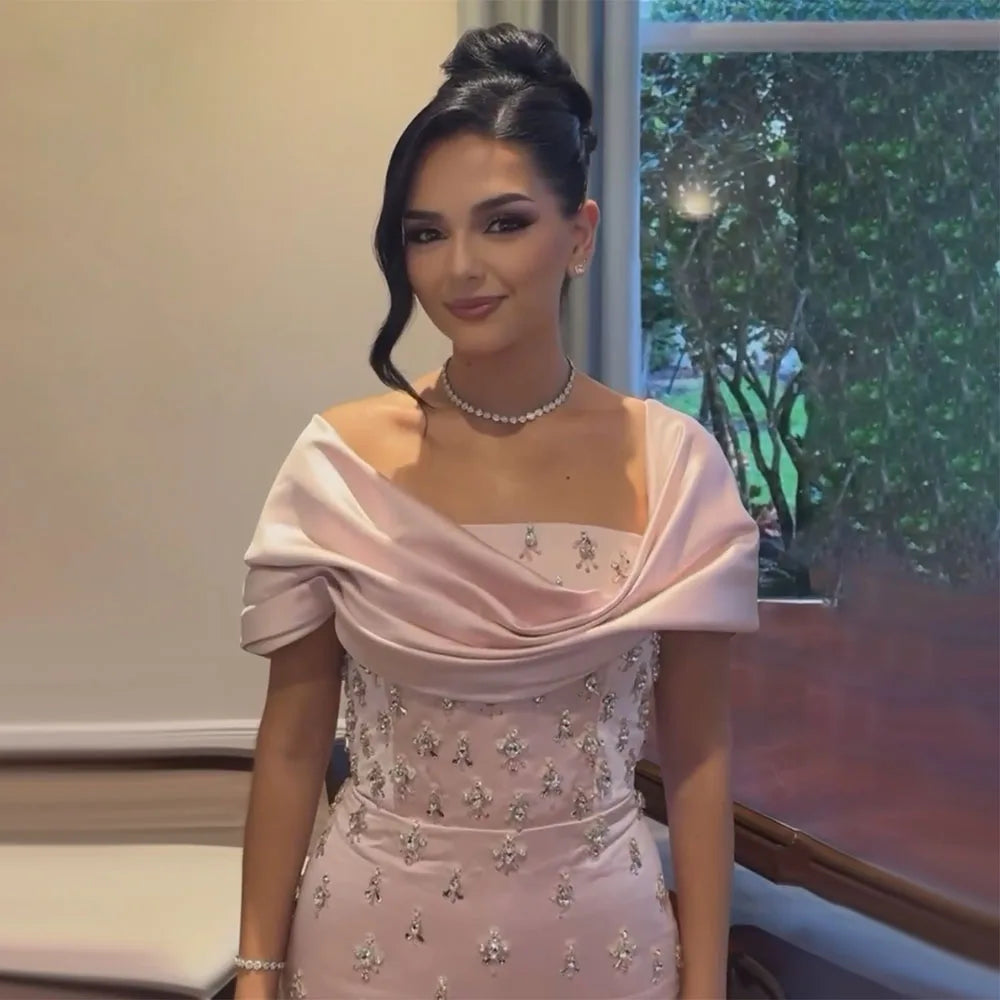 Serene Hill 2024 Arabic Luxury Crystal Beaded Mermaid Pink Satin Long Evening Dresses Gowns for Women Wedding Party LA72414
