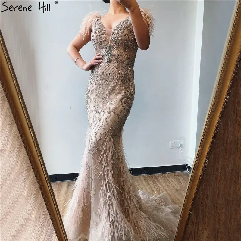 Serene Hill Champagne Mermaid Elegant Evening Dresses Diamond Feathers Sleeveless Formal Luxury Beaded 2024 LA70350 Serene Hill Champagne Mermaid Elegant Evening Dresses Diamond Feathers Sleeveless Formal Luxury Beaded 2024 LA70350