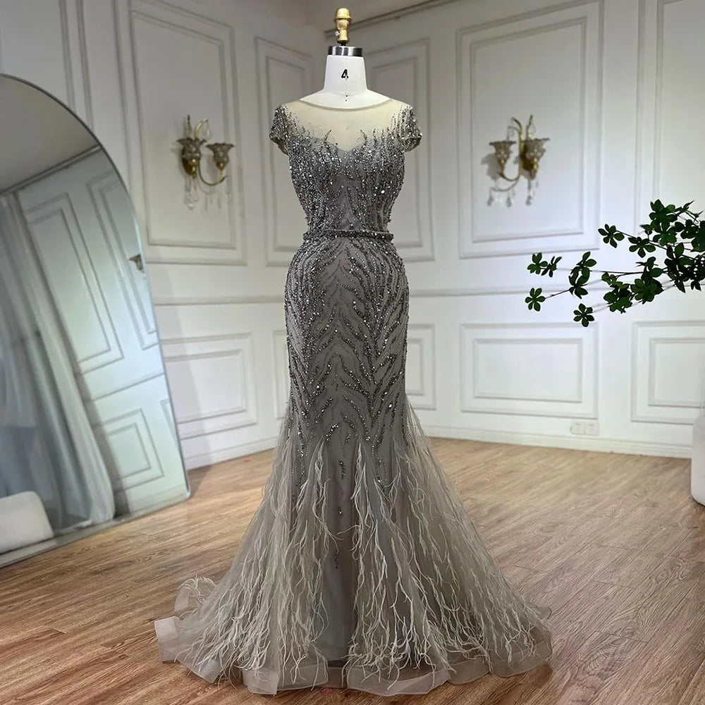Serene Hill Arabic Caramel Mermaid Beaded Feathers Evening Dresses Evening Dresses Gowns For Women Wedding Party 2024 LA72519 Serene Hill Arabic Caramel Mermaid Beaded Feathers Evening Dresses Evening Dresses Gowns For Women Wedding Party 2024 LA72519