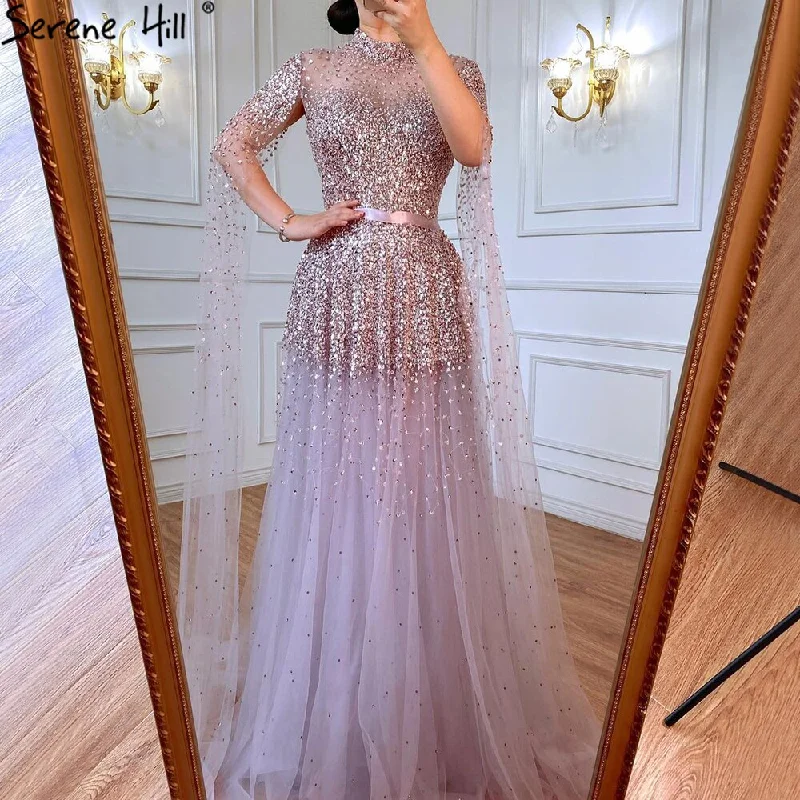 Serene Hill Lavender Luxury A-Line Evening Dresses Gowns 2024 Cape Sleeves Beaded For Women Party LA70066C