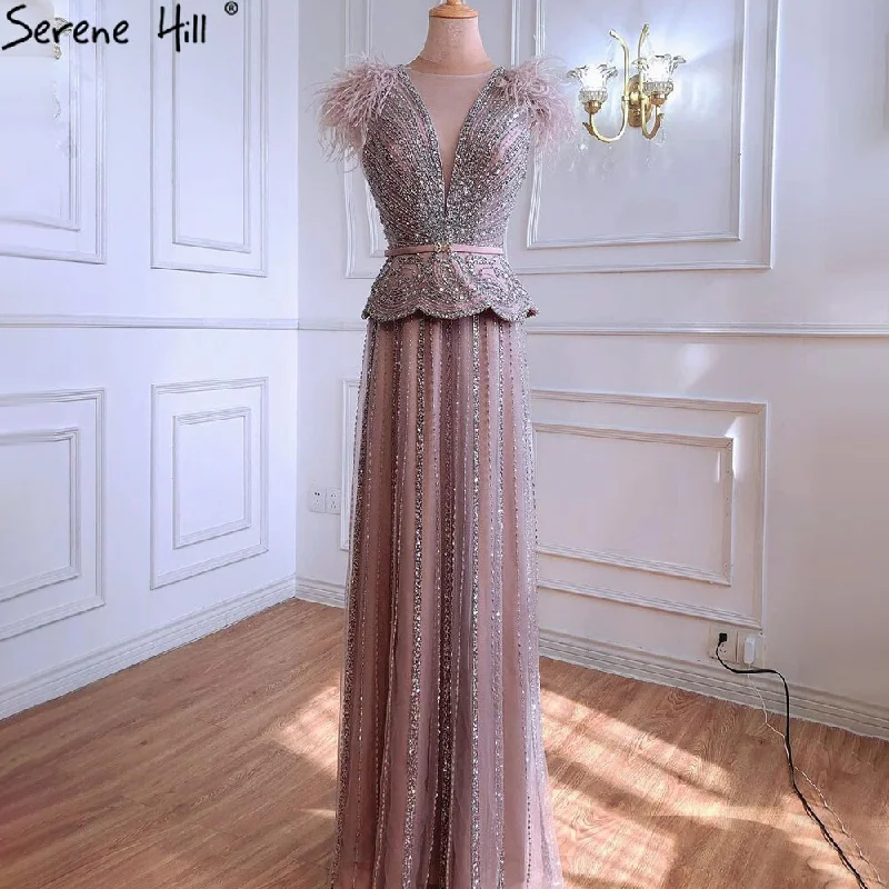 Serene Hill Meat Pink Luxury Evening Dresses Gowns 2024 Beading Feathers A-Line For Women Party LA70929 Serene Hill Meat Pink Luxury Evening Dresses Gowns 2024 Beading Feathers A-Line For Women Party LA70929