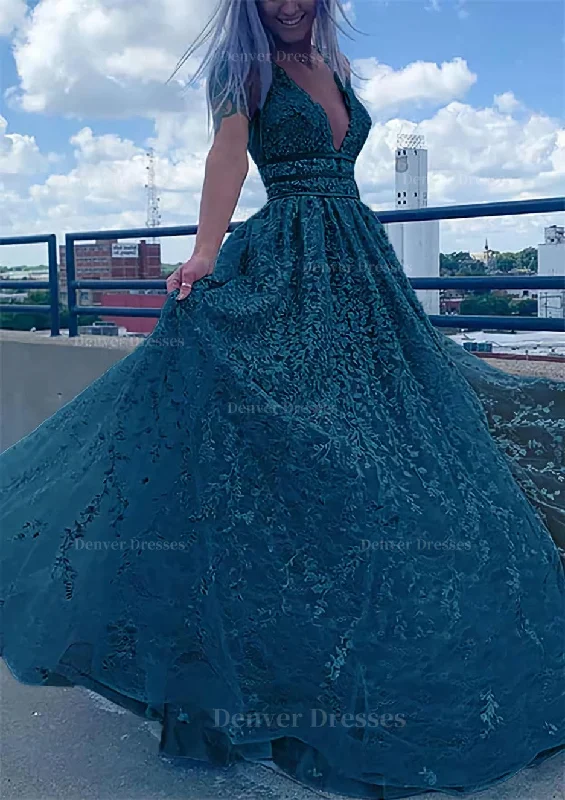 A-line V Neck Sleeveless Long/Floor-Length Lace Tulle Prom Dress With Beading Sequins A-line V Neck Sleeveless Long/Floor-Length Lace Tulle Prom Dress With Beading Sequins