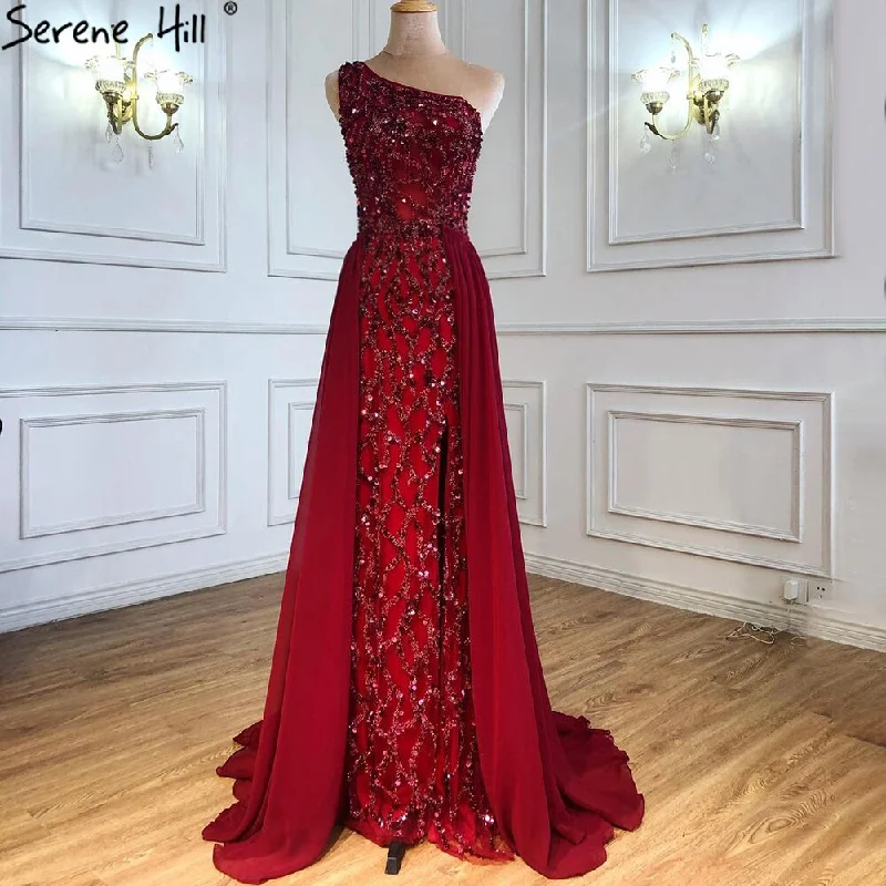 Serene Hill Wine Red Luxury Mermaid Evening Dresse Gowns 2024 Elegant Beaded Detachable Skirt For Women Party LA70829A