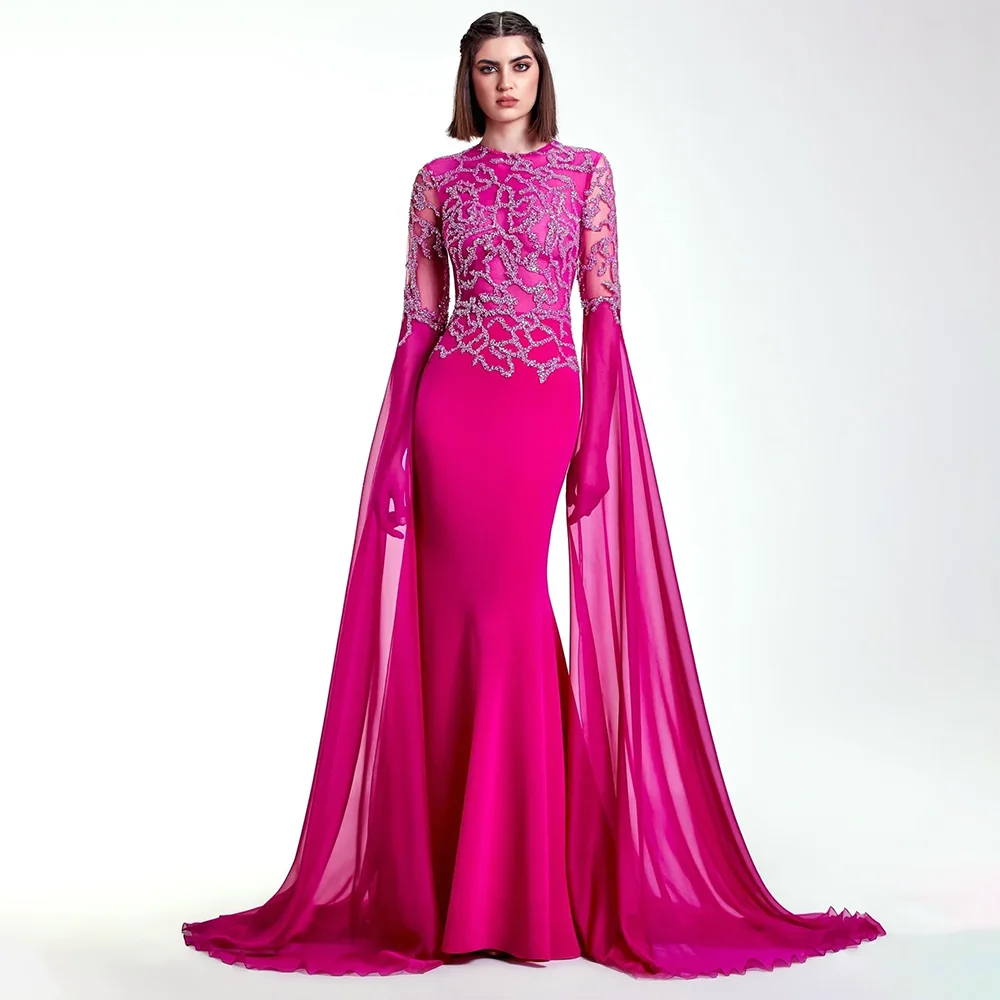 Serene Hill Arabic Fuchsia Mermaid Cape Sleeves Luxury Dubai Evening Dress Beaded With Gloves for Women's Party 2024 LA72509 Serene Hill Arabic Fuchsia Mermaid Cape Sleeves Luxury Dubai Evening Dress Beaded With Gloves for Women's Party 2024 LA72509