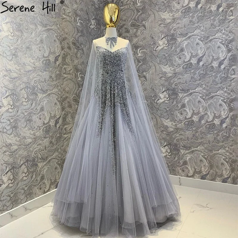 Serene Hill Silver Luxury A-Line Evening Dresses Gowns 2024 With Cape Beaded Sexy For Woman Party LA70644