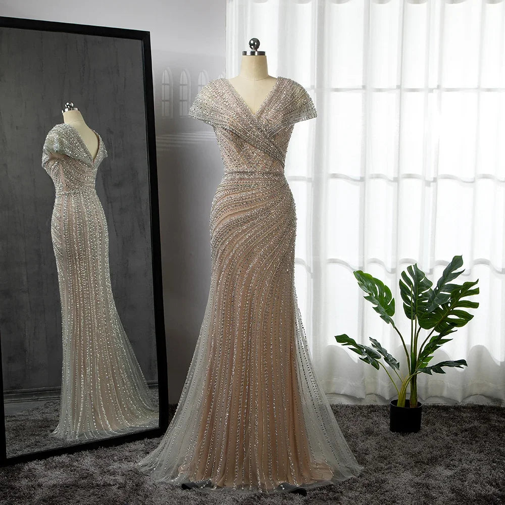 Serene Hill Silver Mermaid Elegant Evening Dresses Gowns Beaded Luxury Sparkle 2024 For Women Party LA71686