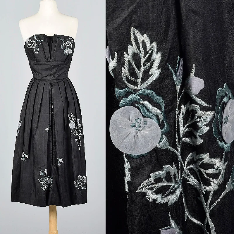 1950s Strapless Silk Dress with Hidden Front Panel