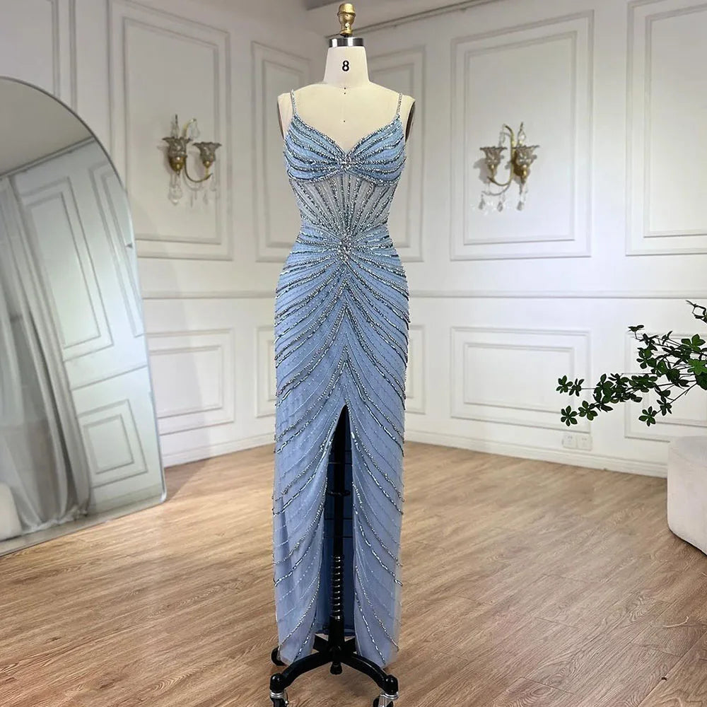 Serene Hill Dubai Blue Spaghetti Strap Mermaid Split Beaded Luxury Evening Dresses Gowns for Women Wedding Party 2024 LA72439 Serene Hill Dubai Blue Spaghetti Strap Mermaid Split Beaded Luxury Evening Dresses Gowns for Women Wedding Party 2024 LA72439