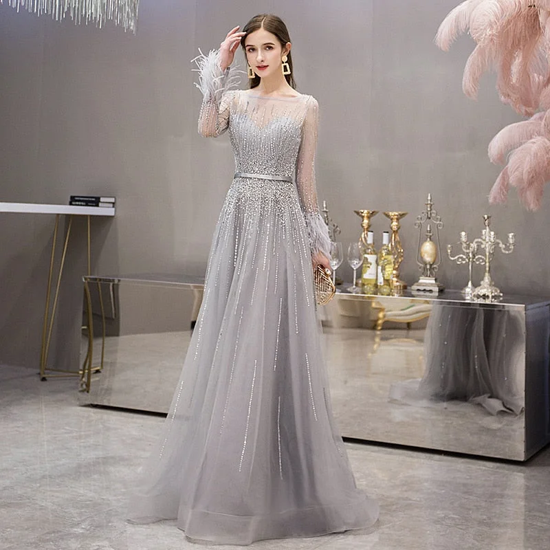 Wjczt Dubai Evening Dresses Long Sleeve with Feathers Luxury Sexy Sheer O-Neck Engagement Party Gown Beaded Gold Grey Vestido de Festa Wjczt Dubai Evening Dresses Long Sleeve with Feathers Luxury Sexy Sheer O-Neck Engagement Party Gown Beaded Gold Grey Vestido de Festa