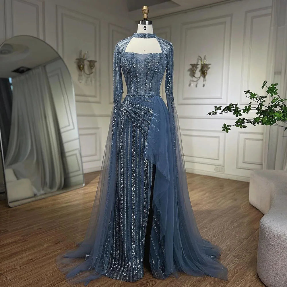 Serene Hill 2024 Blue Mermaid Evening Gowns Luxury Beaded High Split Cape Sleeves Long Dresses for Women's Wedding Party LA72312 Serene Hill 2024 Blue Mermaid Evening Gowns Luxury Beaded High Split Cape Sleeves Long Dresses for Women's Wedding Party LA72312