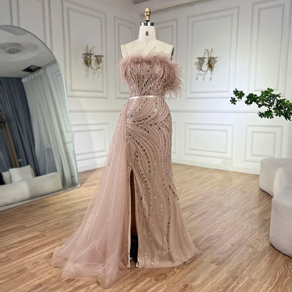 Serene Hill 2024 Nude Mermaid Gown Strapless Overskirt Feather Beading High Split Evening Dress for Women Parties LA72311 Serene Hill 2024 Nude Mermaid Gown Strapless Overskirt Feather Beading High Split Evening Dress for Women Parties LA72311