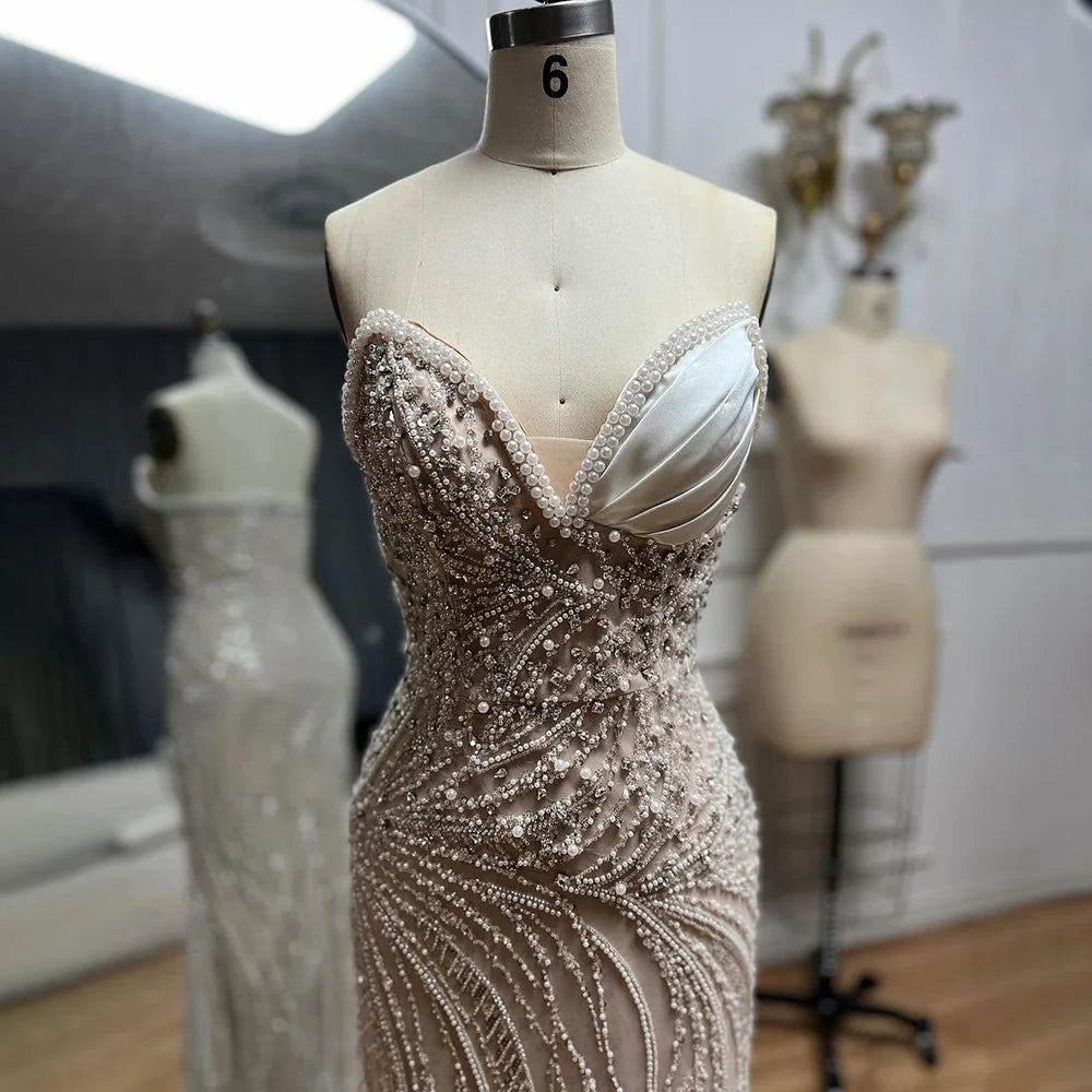 Serene Hill 2024 Arabic White Nude Mermaid Gown Pearls Beaded Luxury Saudi Evening Dress for Formal Occasion LA72712 Serene Hill 2024 Arabic White Nude Mermaid Gown Pearls Beaded Luxury Saudi Evening Dress for Formal Occasion LA72712
