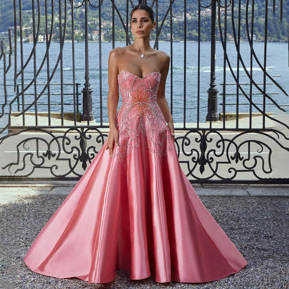 Serene Hill Dubai Arabia Peach A Line Satin Strapless Luxury Beaded Evening Dresses Gowns For Women Wedding Party 2024 LA72195 Serene Hill Dubai Arabia Peach A Line Satin Strapless Luxury Beaded Evening Dresses Gowns For Women Wedding Party 2024 LA72195