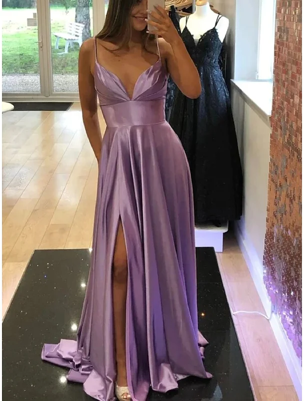 A-Line Prom Dresses Empire Dress Wedding Party Black Tie Gala Court Train Sleeveless V Neck Charmeuse Backless with Slit A-Line Prom Dresses Empire Dress Wedding Party Black Tie Gala Court Train Sleeveless V Neck Charmeuse Backless with Slit