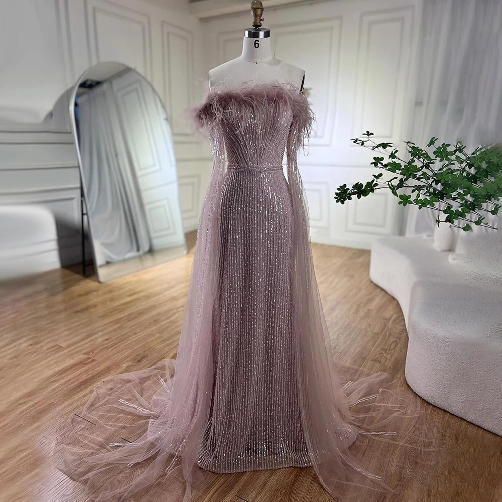 Serene Hill Pink Cape Sleeves Mermaid yellow Evening Dresses Gowns Luxury Beaded Feathers For Women Wedding Party 2024 LA72169A