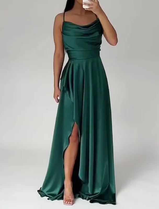 A-Line Prom Dresses High Low Dress Wedding Guest Black Tie Asymmetrical Sleeveless Spaghetti Strap Satin with Ruched Slit A-Line Prom Dresses High Low Dress Wedding Guest Black Tie Asymmetrical Sleeveless Spaghetti Strap Satin with Ruched Slit