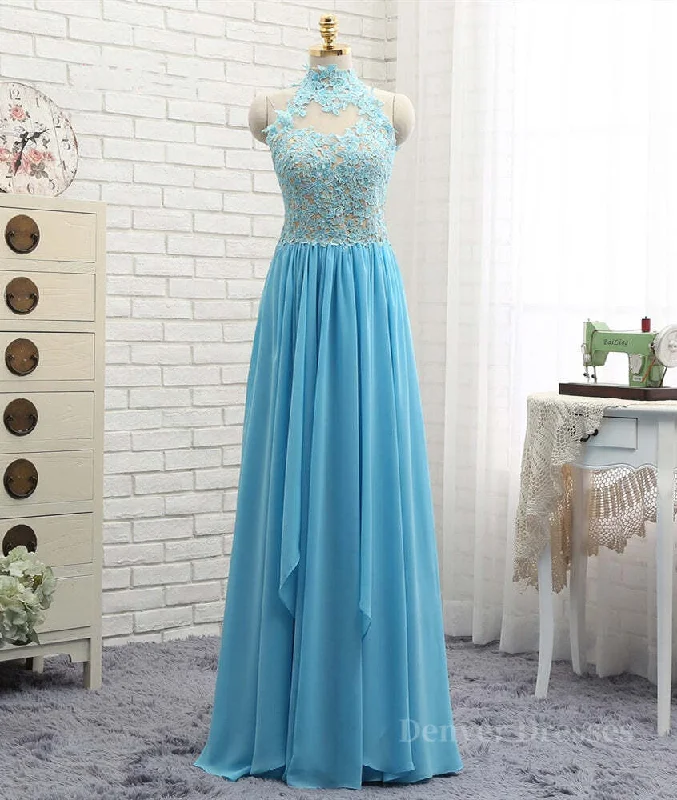 A Line High Neck Open Back Lace Chiffon Ruffles Blue Long Prom Dresses, Blue Lace Formal Dresses, Blue Lace Graduation Dresses A Line High Neck Open Back Lace Chiffon Ruffles Blue Long Prom Dresses, Blue Lace Formal Dresses, Blue Lace Graduation Dresses