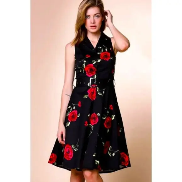 Women's Black Vintage Dress with Roses