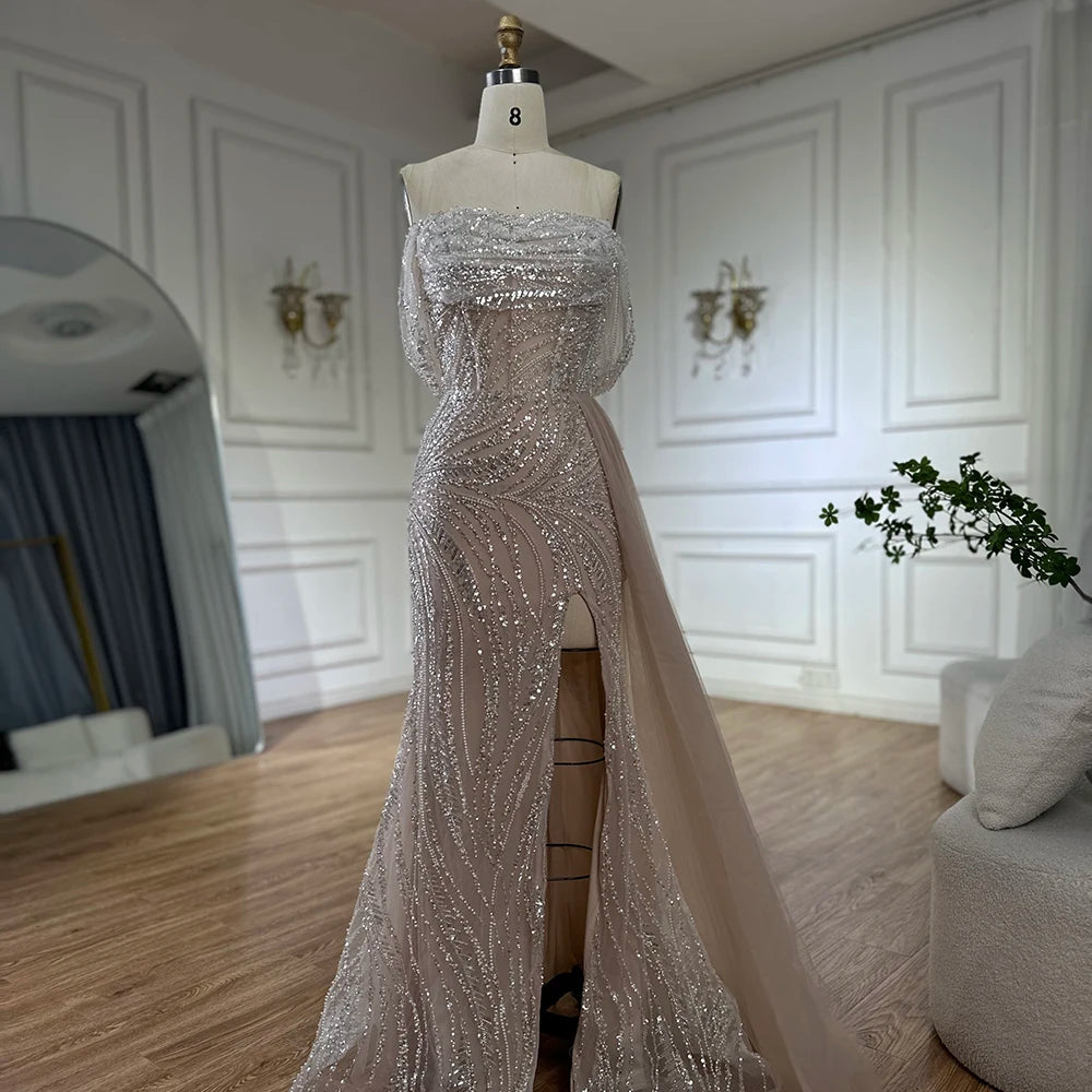 Serene Hill 2025 Customized Arabic Nude Beaded High Split Mermaid Evening Dresses Gowns For Women Wedding Party LA72266B Serene Hill 2025 Customized Arabic Nude Beaded High Split Mermaid Evening Dresses Gowns For Women Wedding Party LA72266B