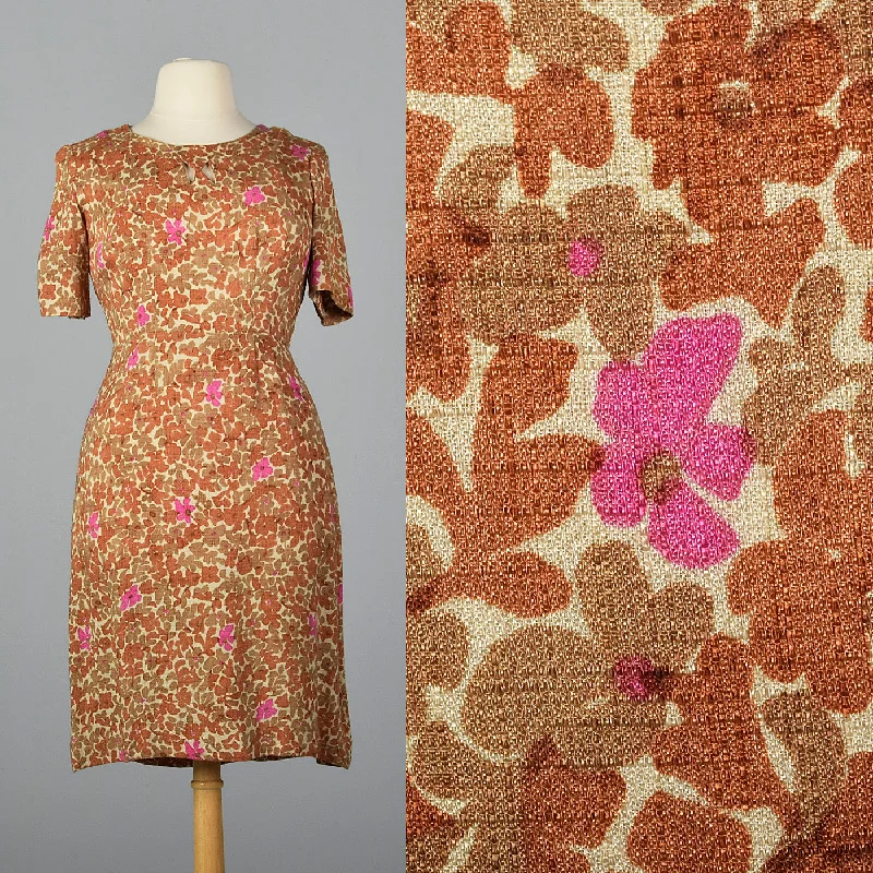 1950s Brown Floral Dress with Cut Out Neck
