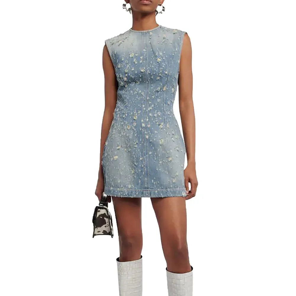 Wjczt Denim Hollow Out Dresses For Women Round Neck Sleeveless Tunic Patchwork Pockets Vintage Dress Female Fashion Style Wjczt Denim Hollow Out Dresses For Women Round Neck Sleeveless Tunic Patchwork Pockets Vintage Dress Female Fashion Style