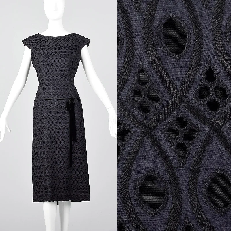 1950s Navy and Black Eyelet Dress with Drop Waist Illusion