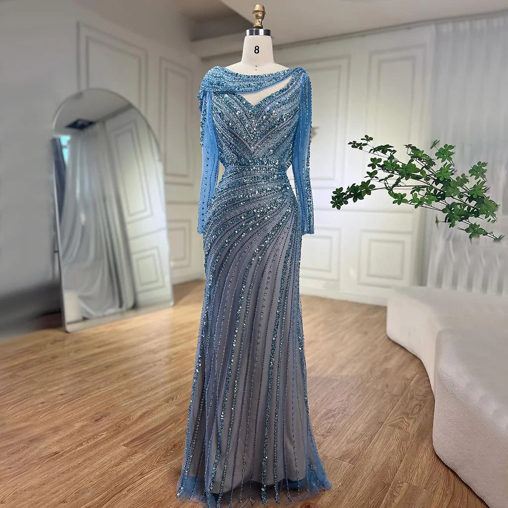 Serene Hill Arabic Silver Nude Beaded Elegant Mermaid Blue Luxury Dubai Evening Dresses Gowns for Women Party 2024 LA70752L