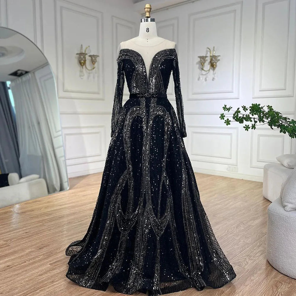 Serene Hill Arabic Elegant Black A Line Shiny Beaded Luxury Dubai Evening Dresses Gowns For Women Wedding Party 2024 LA72566 Serene Hill Arabic Elegant Black A Line Shiny Beaded Luxury Dubai Evening Dresses Gowns For Women Wedding Party 2024 LA72566