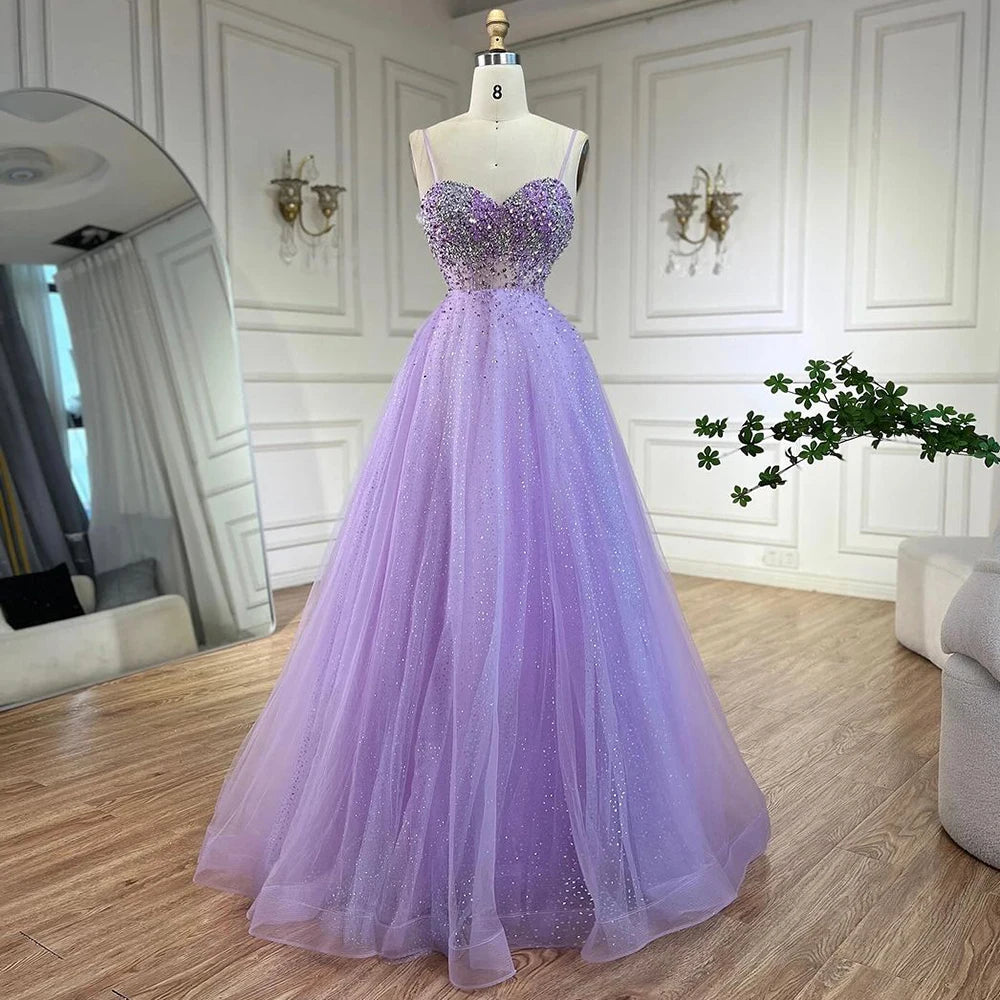 Serene Hill Arabic Lilac Spaghetti Strap A Line Beaded Luxury Dubai Evening Dresses Gowns for Women's Party 2024 LA72571 Serene Hill Arabic Lilac Spaghetti Strap A Line Beaded Luxury Dubai Evening Dresses Gowns for Women's Party 2024 LA72571