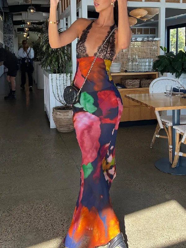 Wjczt Elegant Tie Dye Floral Chiffon Dress Summer Sexy Women Backless Lace Bodycon See Through 2023 Beach Party Vestidos Wjczt Elegant Tie Dye Floral Chiffon Dress Summer Sexy Women Backless Lace Bodycon See Through 2023 Beach Party Vestidos