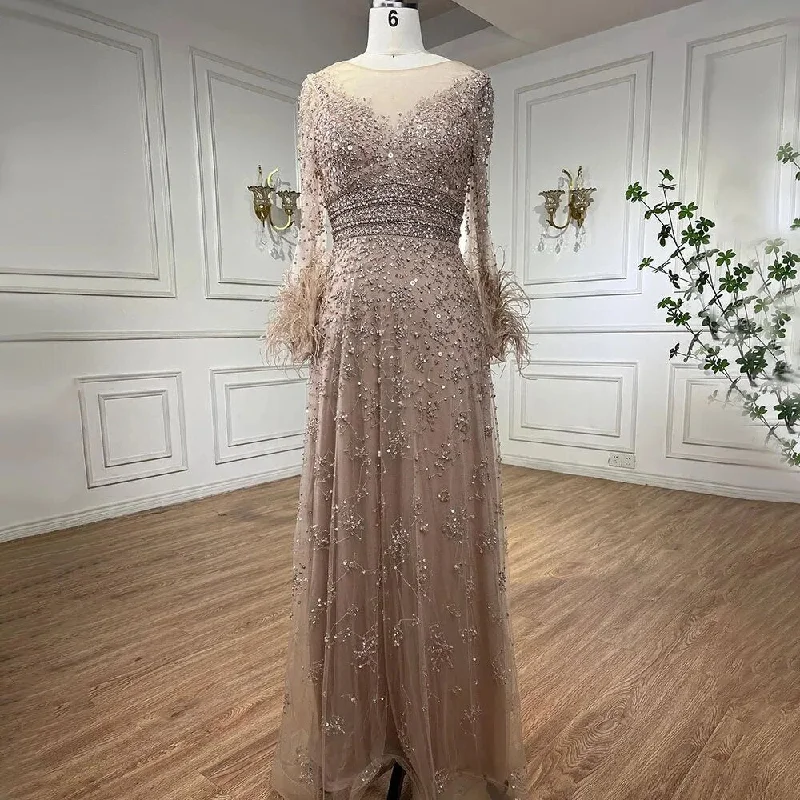 Serene Hill Dubai Elegant Nude Luxury 2024 Beaded Feathers Long Formal  Occasion  Evening Dresses For Women Wedding LA71654