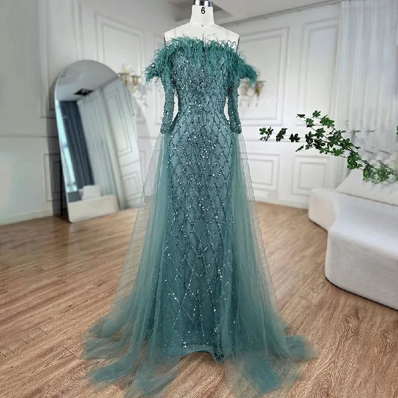 Serene Hill Dubai turquoise Feathers Beaded Mermaid Elegant Strapless Evening Dresses Gowns 2024 For Women Wedding Party LA72169 Serene Hill Dubai turquoise Feathers Beaded Mermaid Elegant Strapless Evening Dresses Gowns 2024 For Women Wedding Party LA72169