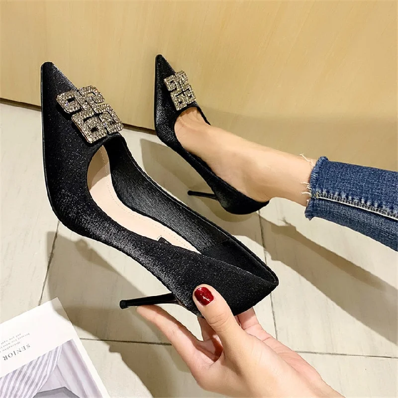 Wjczt Crystal Silk Stiletto Ladies Pumps Black Gold 2021 Pointed toe Rhinestone Women Shoes Elegant High heels Dress Party Shoes Woman Wjczt Crystal Silk Stiletto Ladies Pumps Black Gold 2021 Pointed toe Rhinestone Women Shoes Elegant High heels Dress Party Shoes Woman