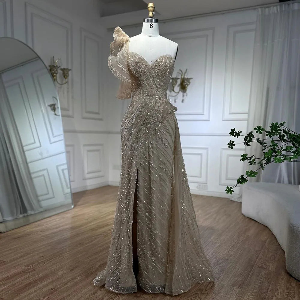 Serene Hill One-Shoulder nude Mermaid With Overskirt Beaded Evening Dress Gown for Women's Wedding Party 2024 LA72389 Serene Hill One-Shoulder nude Mermaid With Overskirt Beaded Evening Dress Gown for Women's Wedding Party 2024 LA72389