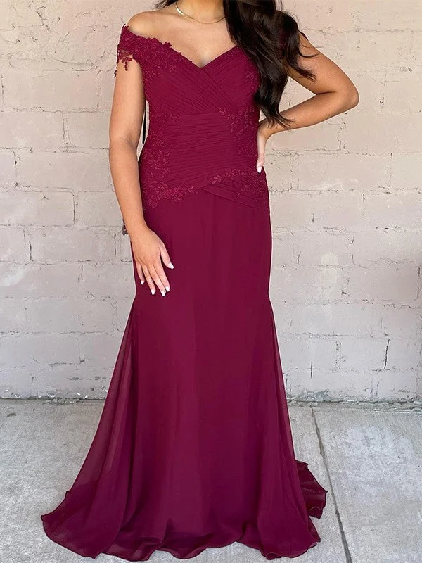 Tight fitting/pillar chiffon decal off shoulder sweeping/brushing skirt for mother of the bride dress
