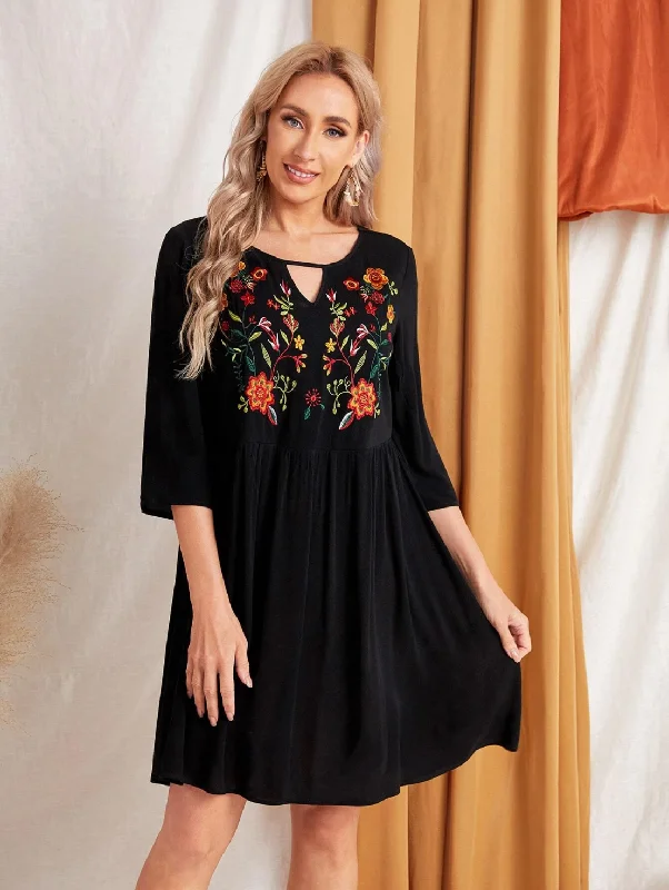 Flower Embroidered Keyhole Neck Smock Dress