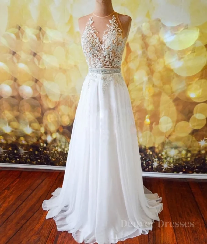 White Chiffon Tulle Appliques Lace Sweep Train Sexy Open Back Prom Dresses, Lace Formal Dresses White Chiffon Tulle Appliques Lace Sweep Train Sexy Open Back Prom Dresses, Lace Formal Dresses