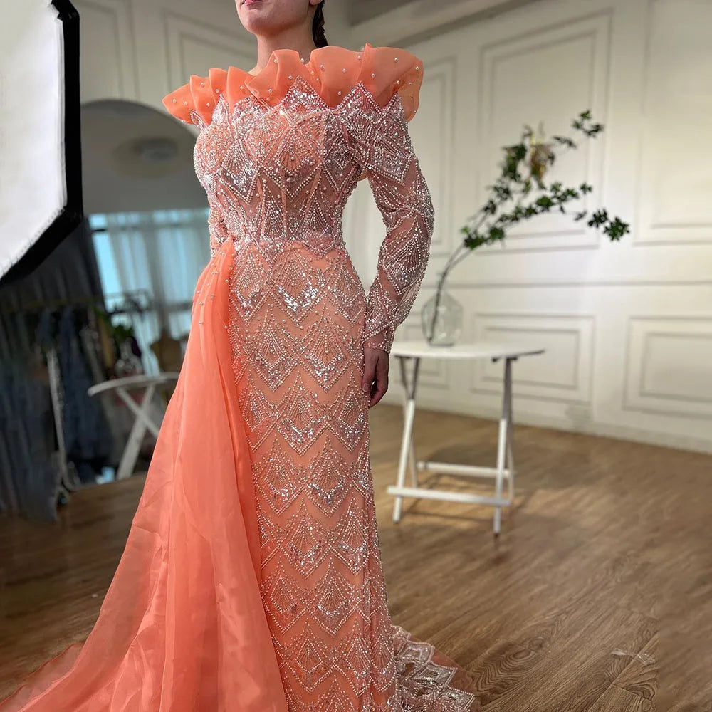 Serene Hill Mermaid Elegant One Shoulder Peach Arabic Evening Dresses Gowns 2024 Luxury Pearls Beaded For Women Party LA71649