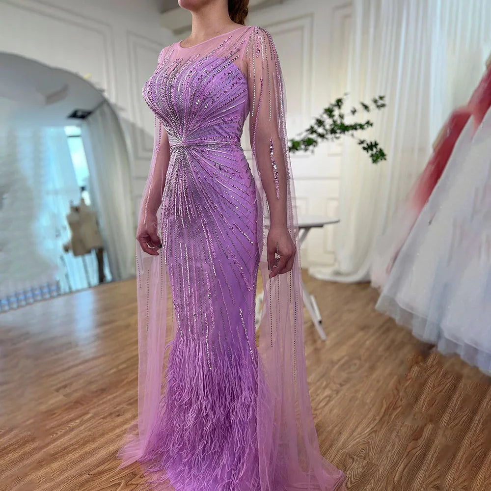 Serene Hill Dubai Lilac Feathers Evening Dresses with Cape Sleeves 2024 Arabic Long Women Wedding Party  Dress LA72036