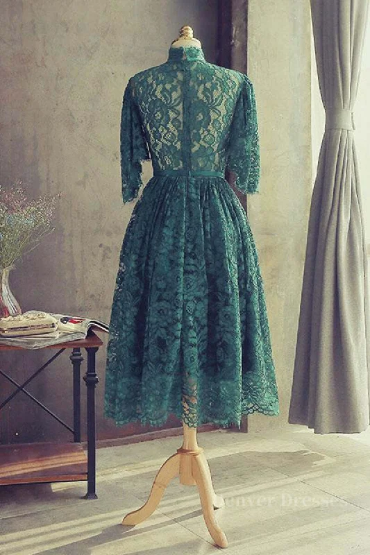 High Neck Half Sleeves Green Lace Prom Dress, Green Lace Formal Graduation Homecoming Dress High Neck Half Sleeves Green Lace Prom Dress, Green Lace Formal Graduation Homecoming Dress