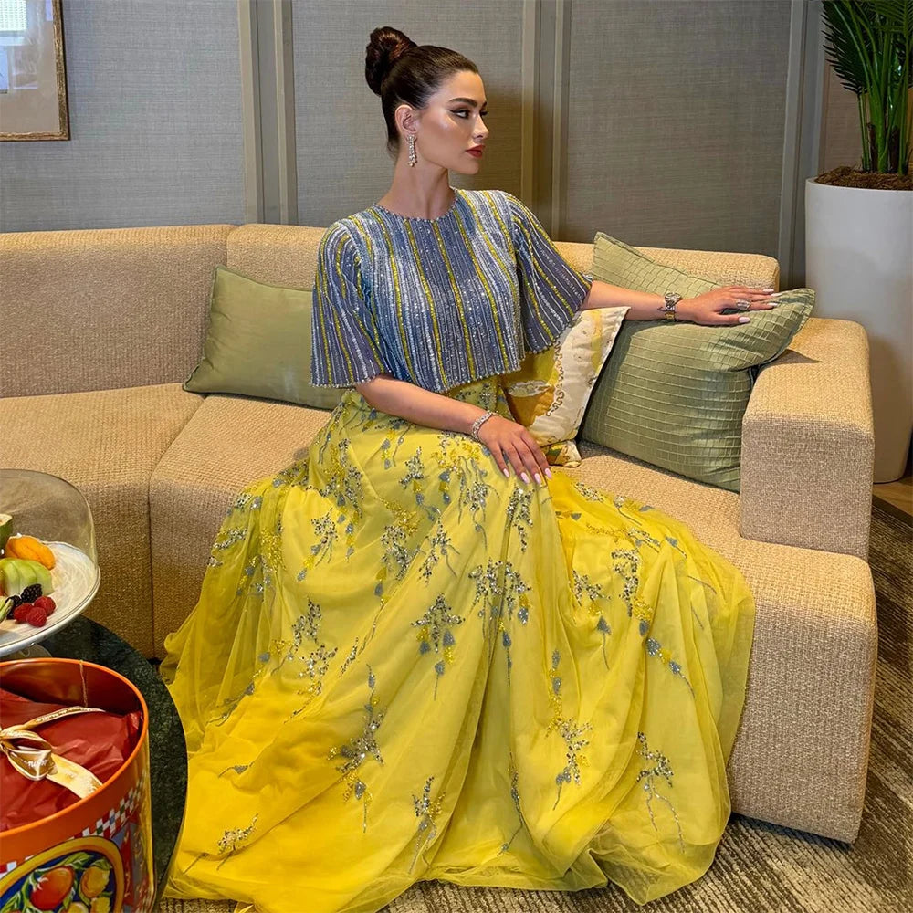 Serene Hill Luxury Dubai Blue Yellow 2 Pieces Evening Dresses Elegant Long Formal Gown for Women Wedding Party LA72470 Serene Hill Luxury Dubai Blue Yellow 2 Pieces Evening Dresses Elegant Long Formal Gown for Women Wedding Party LA72470