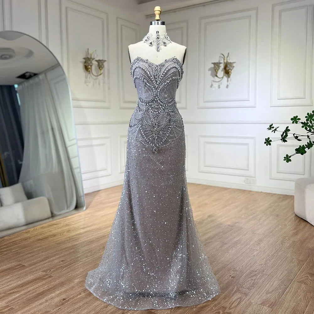 Serene Hill Arabic Sliver Strapless Mermaid Luxury Beaded Pearls Crystal Evening Dresses Gowns for Women Party 2024 LA72432 Serene Hill Arabic Sliver Strapless Mermaid Luxury Beaded Pearls Crystal Evening Dresses Gowns for Women Party 2024 LA72432