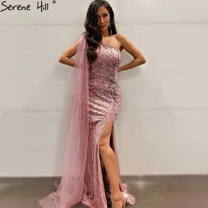 Serene Hill Pink Mermaid Split Evening Dresses Gowns 2024 One Shoulder Elegant Cape Sleeve For Women Party LA71195 Serene Hill Pink Mermaid Split Evening Dresses Gowns 2024 One Shoulder Elegant Cape Sleeve For Women Party LA71195