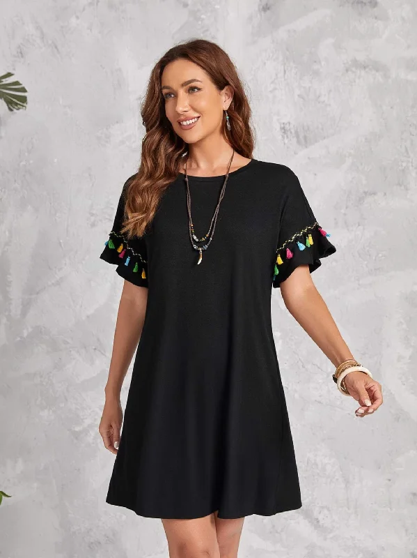 Tassel Trim Batwing Sleeve - Black Dress